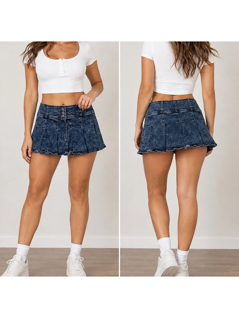 Vintage Y2K Denim Pleated Mini Skirt Size L Acid Wash Low Rise Micro Preppy